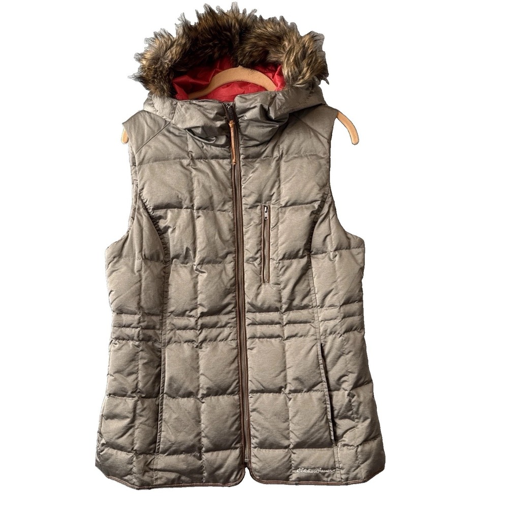 Eddie Bauer Yukon Down Vest M Shimmer Taupe Gorpcore Cabin Faux Fur Hood Quilted